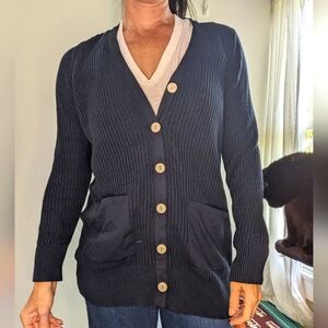 LL Bean Cotton Navy Cardigan EUC size Small but fits like a Medium
